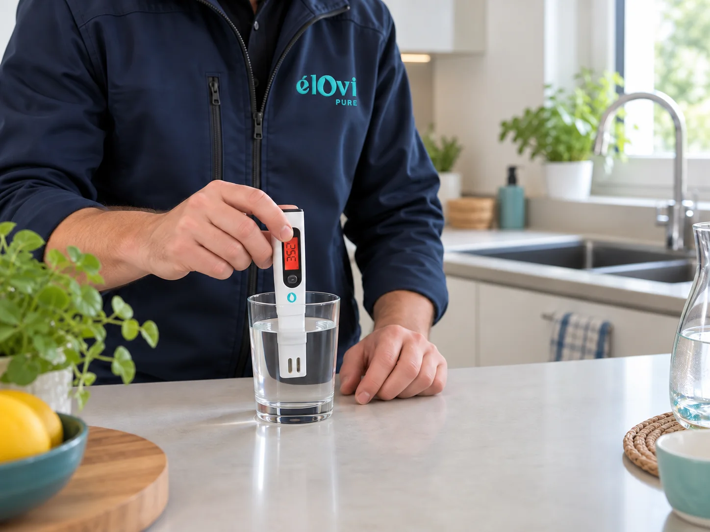 Testeur TDS élOvi tenu au-dessus d’un verre d’eau