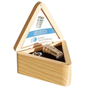 Dynamiseur Vortex Piccolo en inox présenté dans son coffret en bois