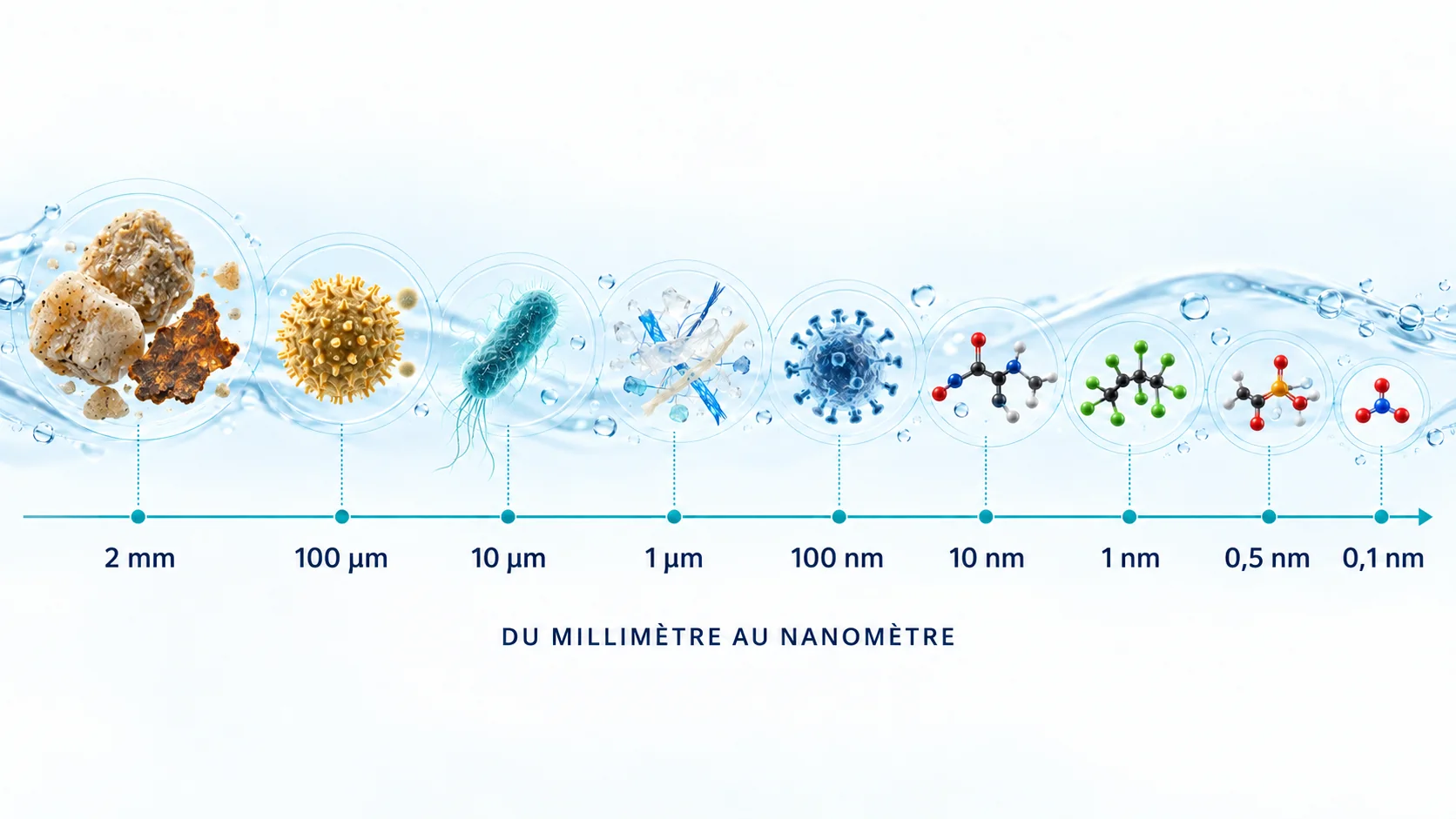 Échelle de taille des contaminants dans l’eau, de 2 millimètres à 0,1 nanomètre