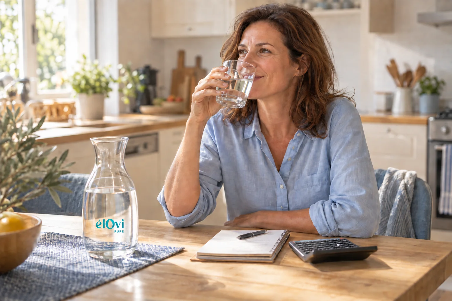 Une femme boit un verre d’eau près d’une carafe élOvi Pure, d’un carnet et d’une calculatrice dans une cuisine lumineuse