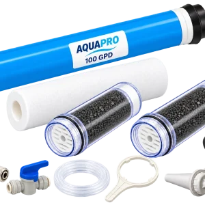 Kit de premier entretien élOvi Évolution avec membrane 100 GPD, préfiltre, deux conteneurs de charbon préremplis et accessoires d’entretien
