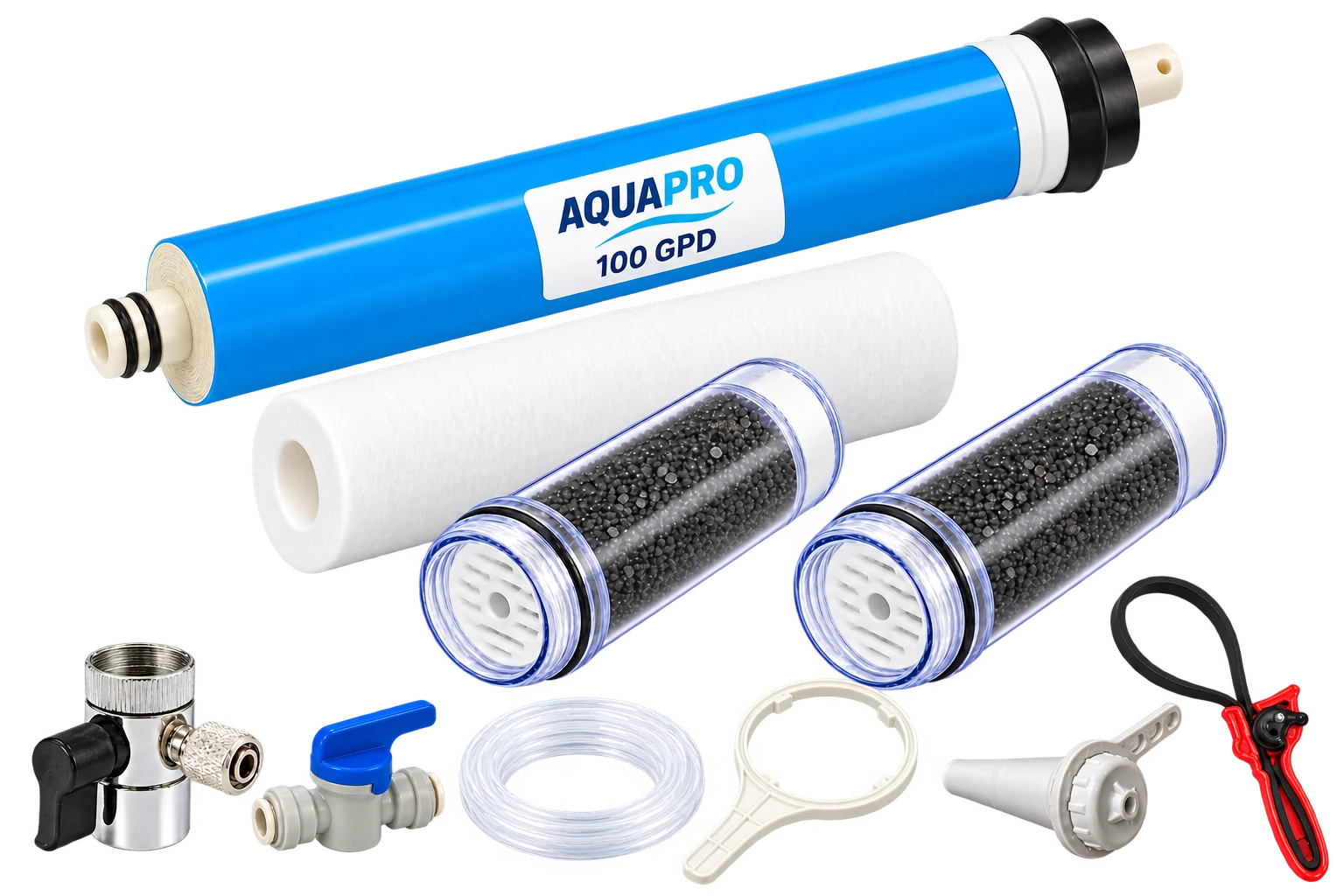 Kit de premier entretien élOvi Évolution avec membrane 100 GPD, préfiltre, deux conteneurs de charbon préremplis et accessoires d’entretien