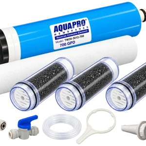 Kit de premier entretien élOvi Instant avec membrane 700 GPD, préfiltre, trois conteneurs de charbon préremplis et accessoires d’entretien