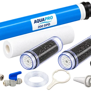 Kit de premier entretien élOvi Nomade avec membrane 200 GPD, préfiltre, deux conteneurs de charbon préremplis et accessoires d’entretien