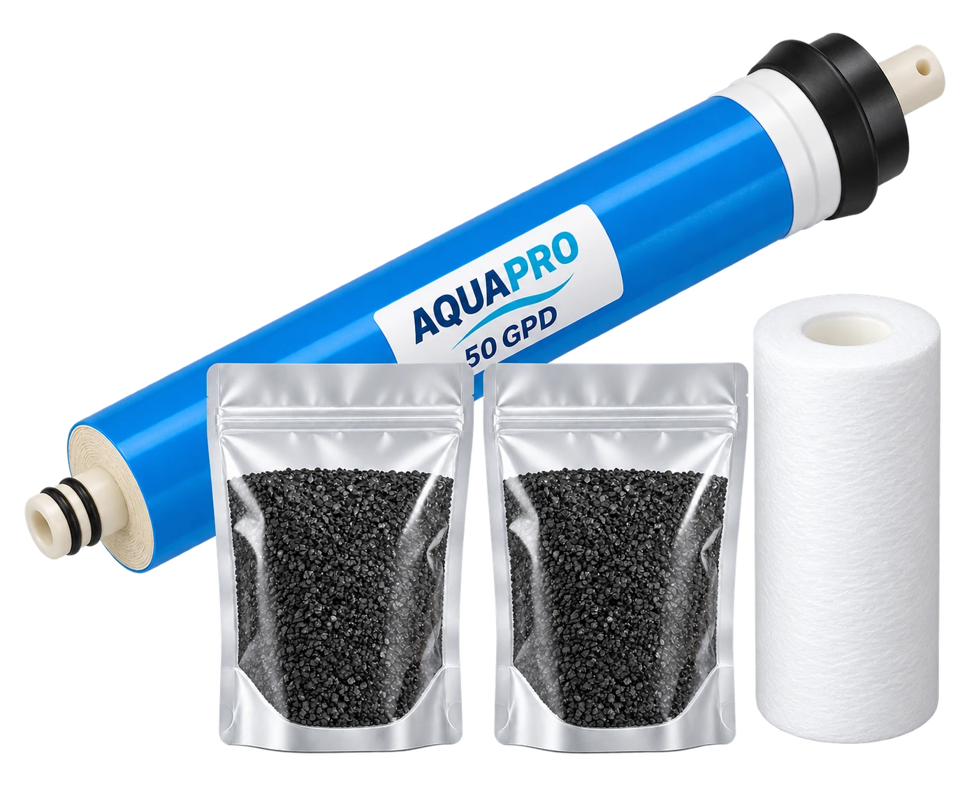 Kit d’entretien élOvi Start avec membrane AquaPro 50 GPD, cartouche 5 pouces 5 microns et deux recharges de charbon actif