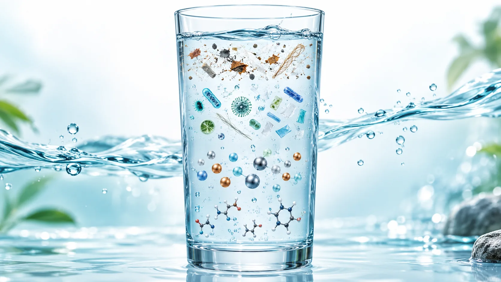 Verre d’eau illustrant différentes substances indésirables : particules, micro-organismes, ions et micropolluants