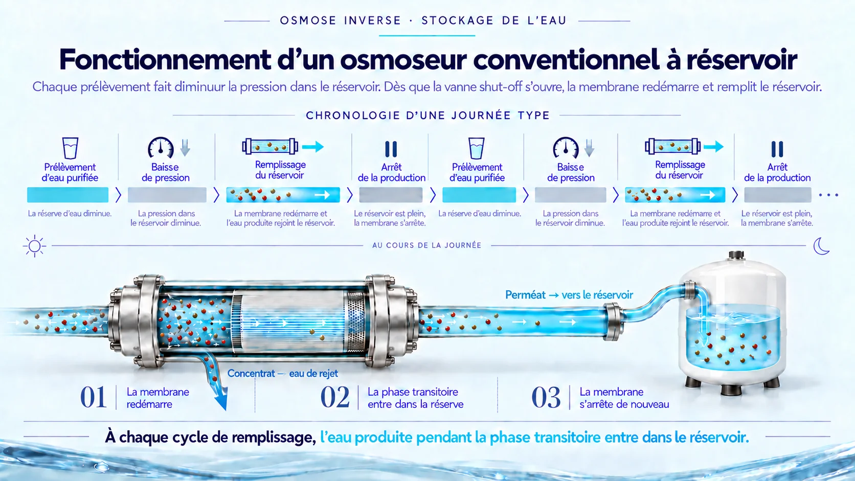 Cycles de fonctionnement d’un osmoseur conventionnel à réservoir