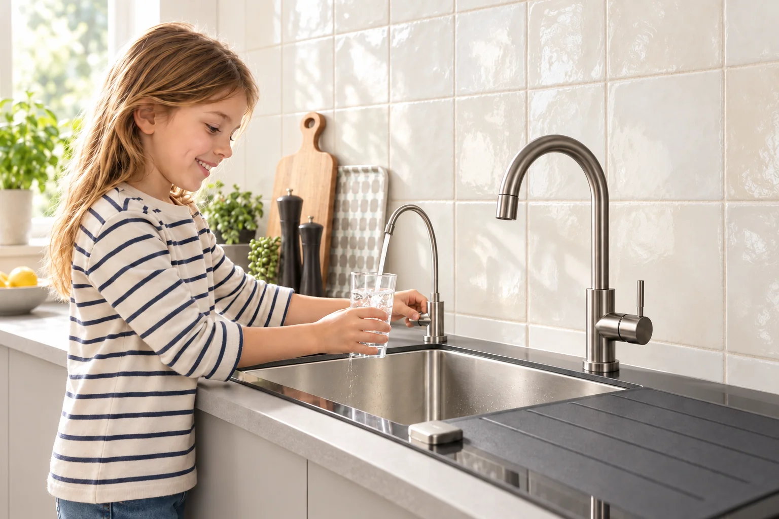 Enfant se servant un verre d’eau purifiée avec un robinet dédié installé près du mitigeur de cuisine