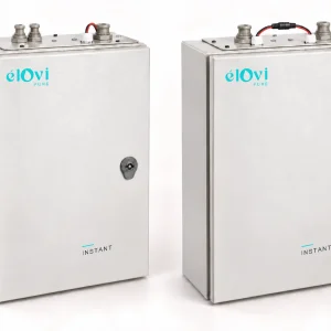 Purificateur d’eau sans réservoir élOvi Instant : deux coffrets crème fermés