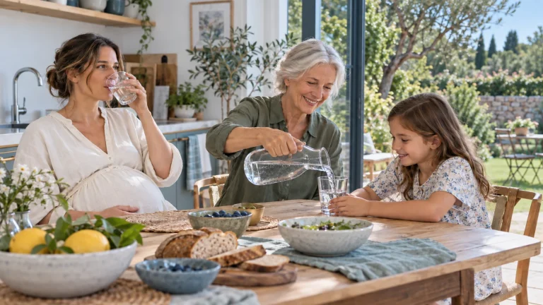 Trois générations d’une famille partageant une eau pure dans une cuisine lumineuse
