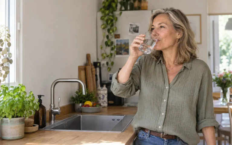 Femme buvant un verre d’eau dans sa cuisine