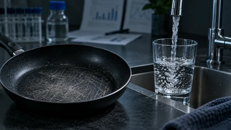 Poêle antiadhésive rayée près d’un verre d’eau du robinet, illustration des PFAS