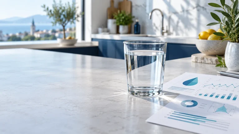 Qualité de l’eau du robinet : verre d’eau et documents d’analyse