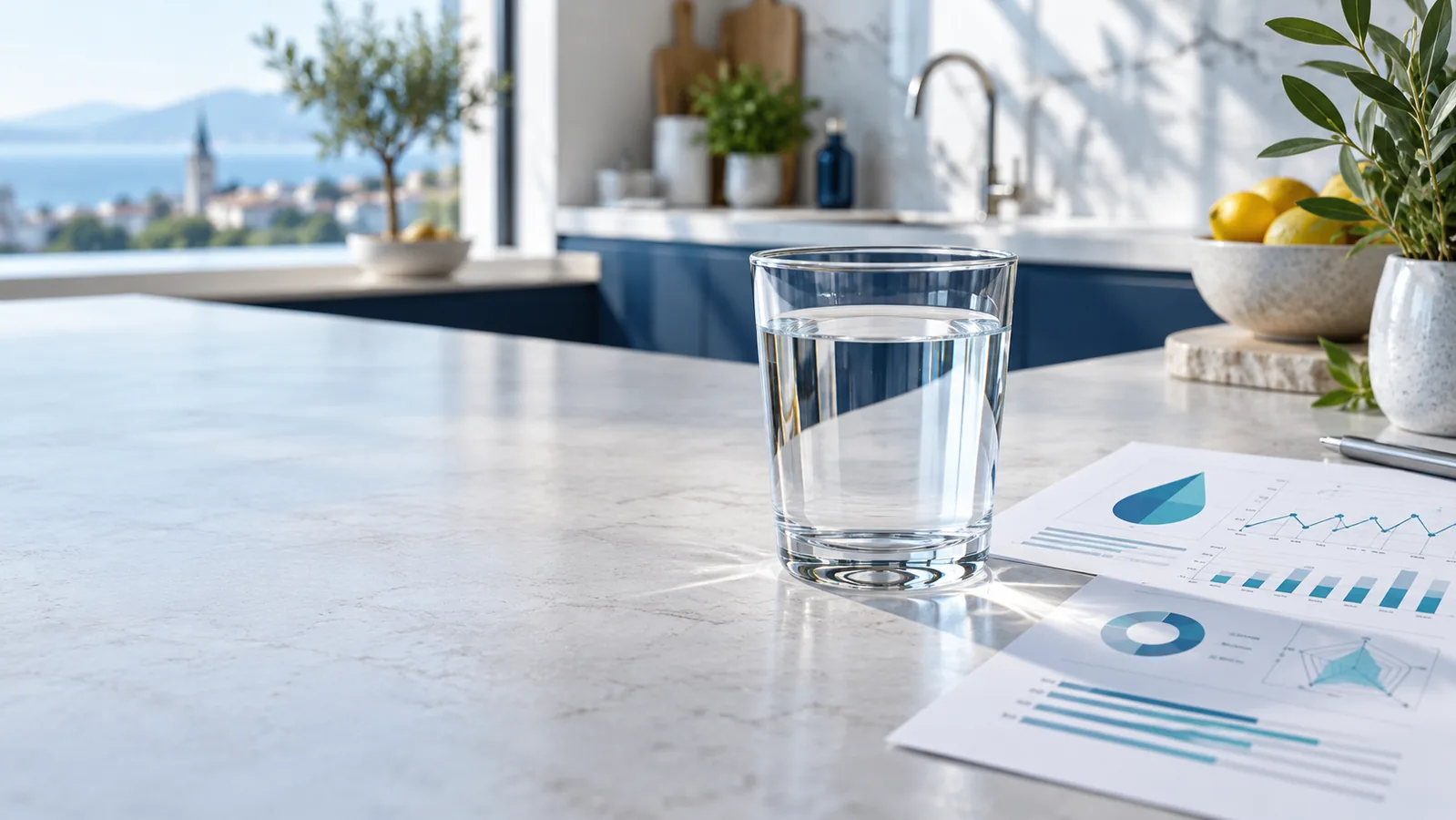 Qualité de l’eau du robinet : verre d’eau et documents d’analyse