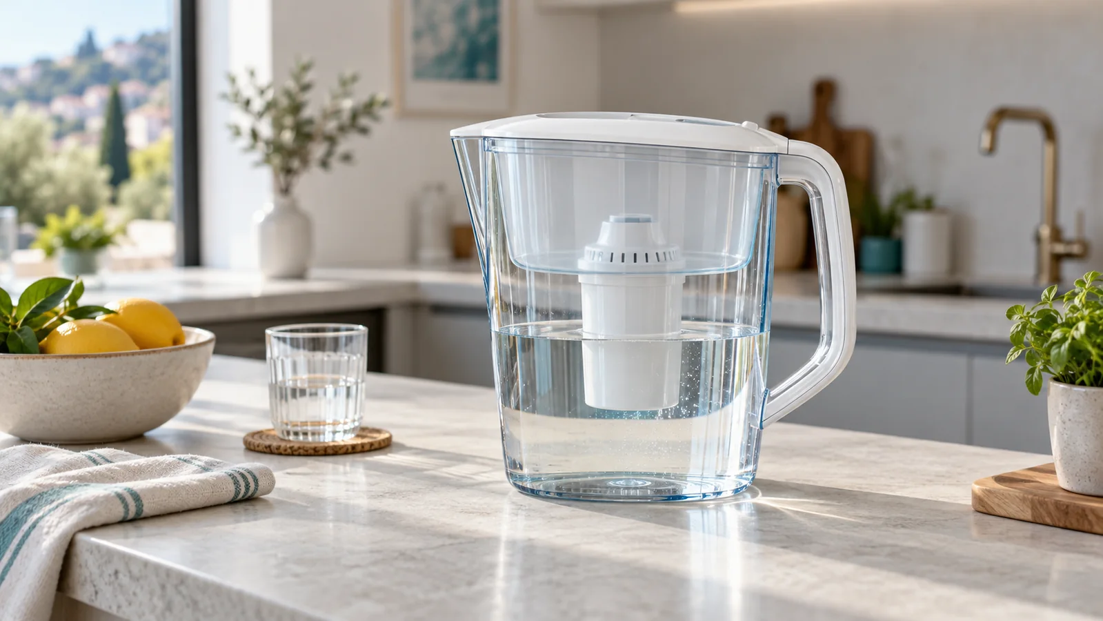 Carafe filtrante transparente avec cartouche sur un plan de travail