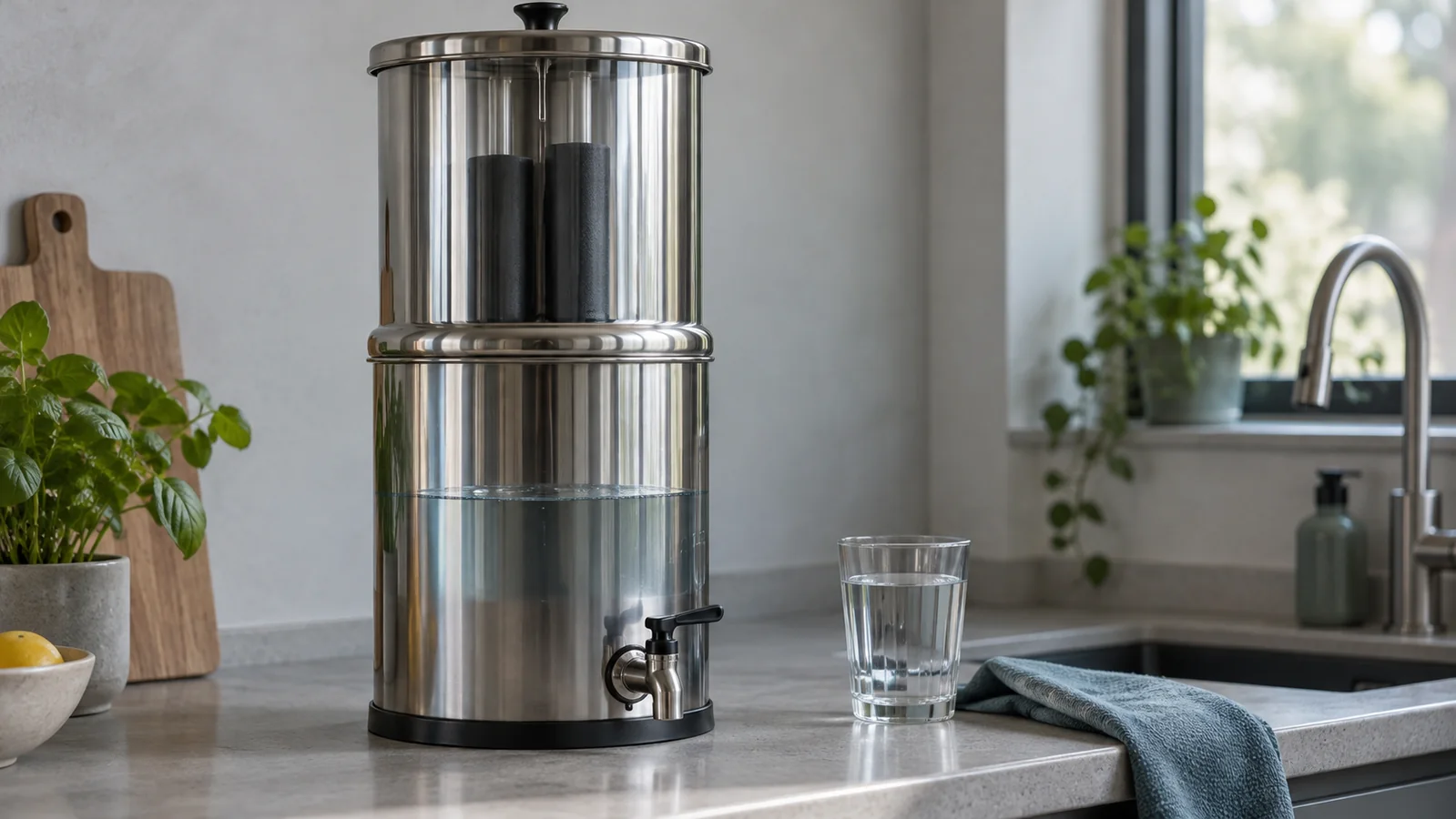 Filtre à gravité générique en inox avec cuve de stockage d’eau