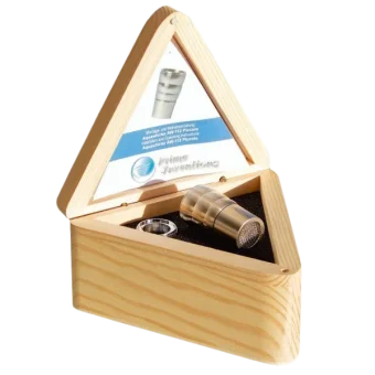 Dynamiseur Vortex Piccolo en inox présenté dans son coffret en bois